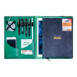 Green Leather Portfolio Organizer with Pen Slots and Tablet Pocket
